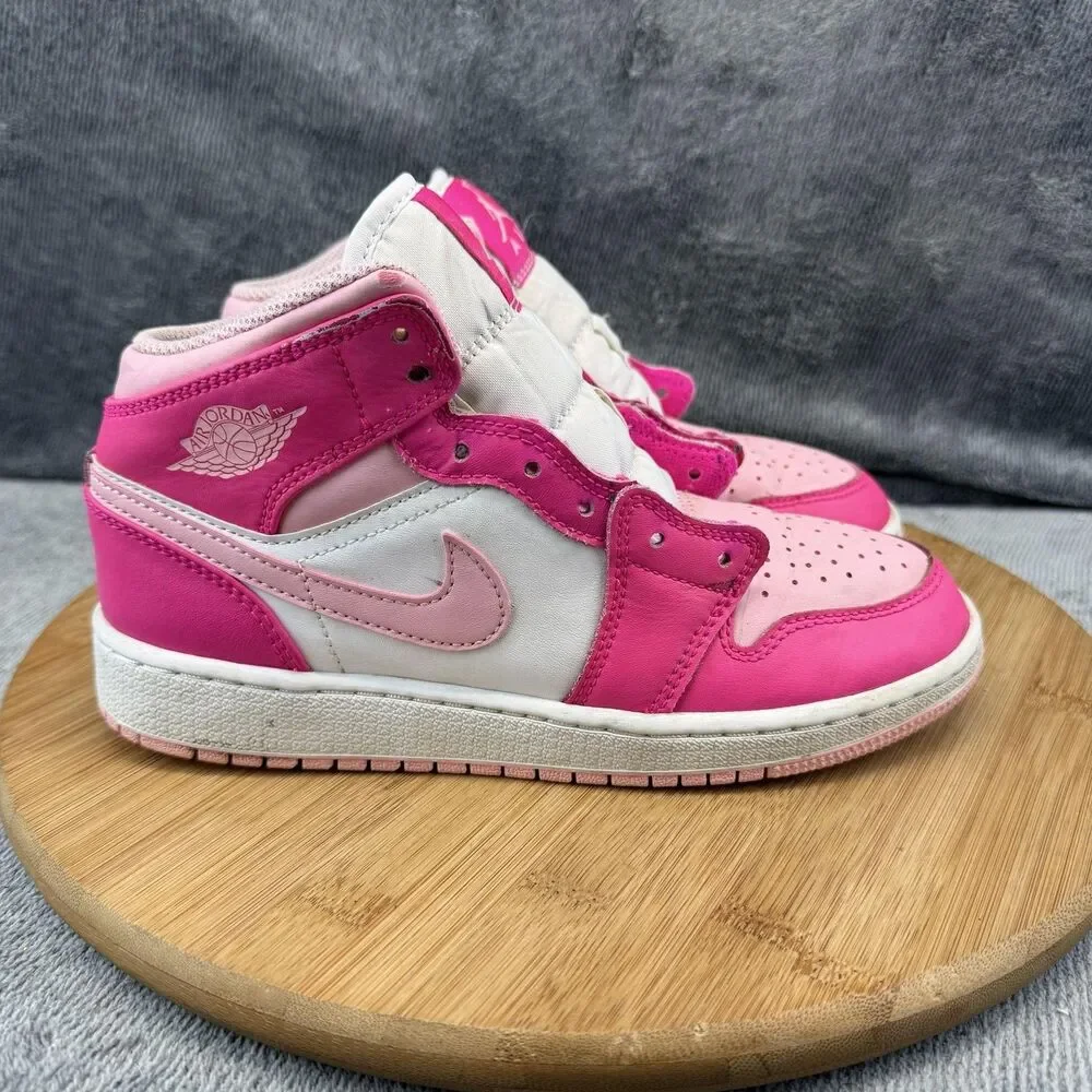 Nike Air Jordan 1 Mid Shoes Girls Size 4Y Pink White Leather Sneakers FD8780-116